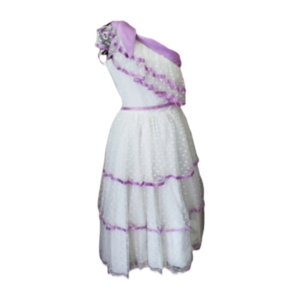 VINTAGE 80s purple ruffle one shoulder formal lace dress S